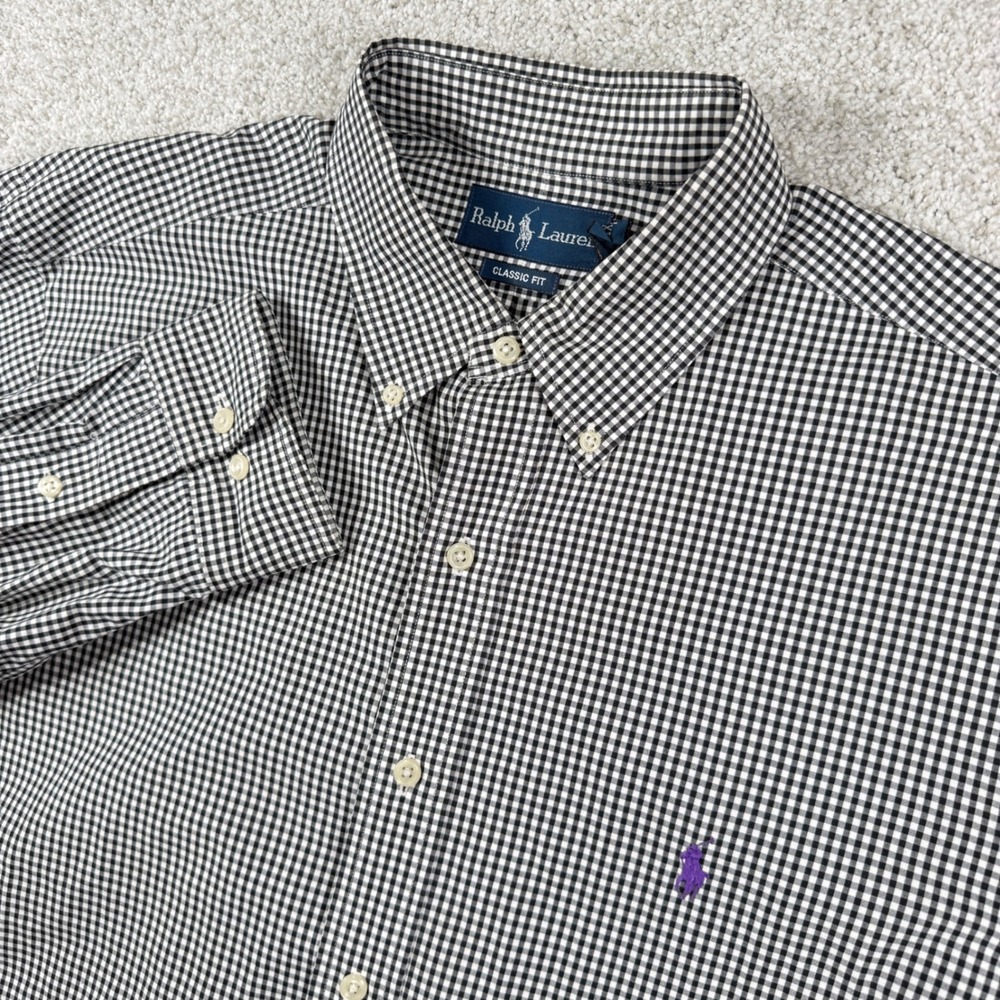 Ralph Lauren Button Down Shirt Men XL Black Gingham Classic Fit Long Sleeve